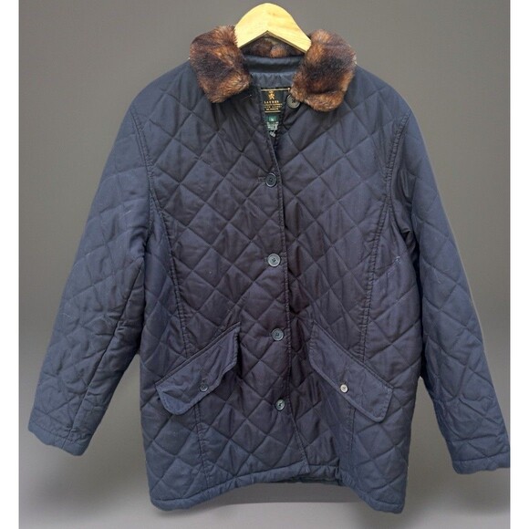 Ralph Lauren Quilted Barn Chore Coat Jacket Faux Fur Collar Size M Equestrian - Picture 2 of 7